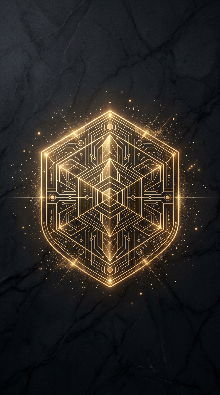 Abstract golden hexagonal shield emblem symbolizing custody-safe, rule-based execution